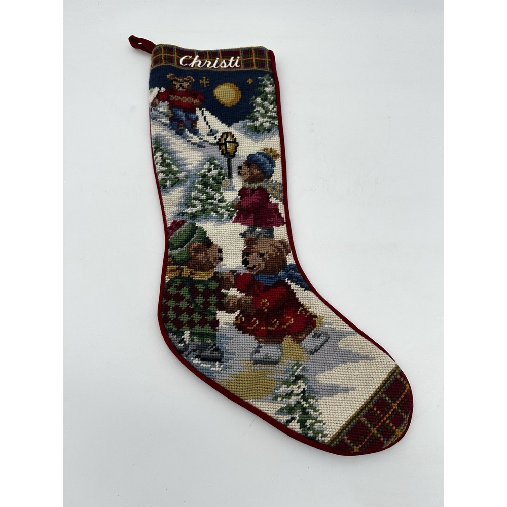 Needlepoint Wool Christmas Stocking Customized CHRISTI 19" Bears Snow Trees